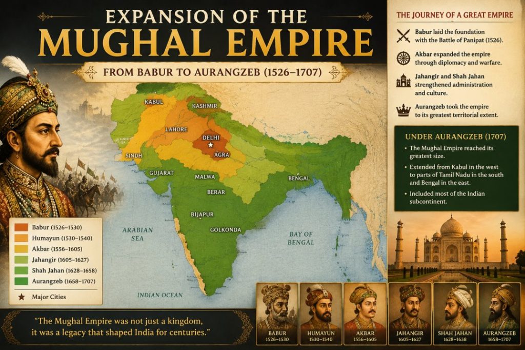 Expansion of the Mughal Empire from Babur to Aurangzeb showing territorial growth across the Indian subcontinent